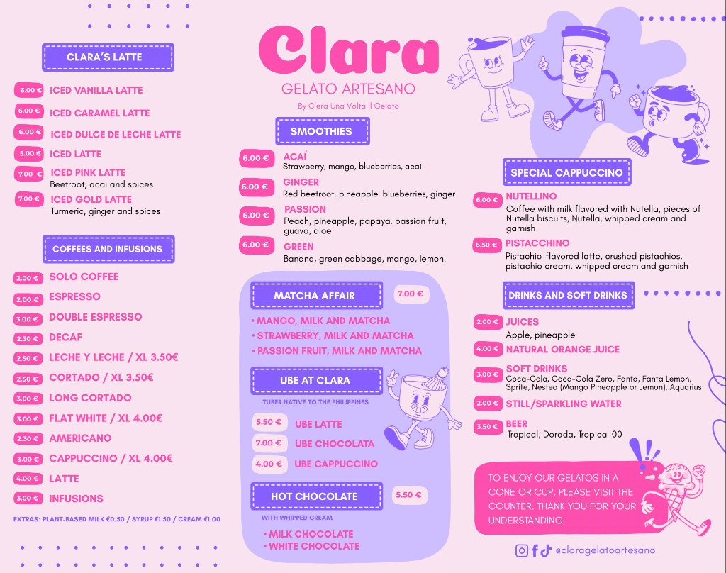 Clara Gelato Artesano drinks menu in English