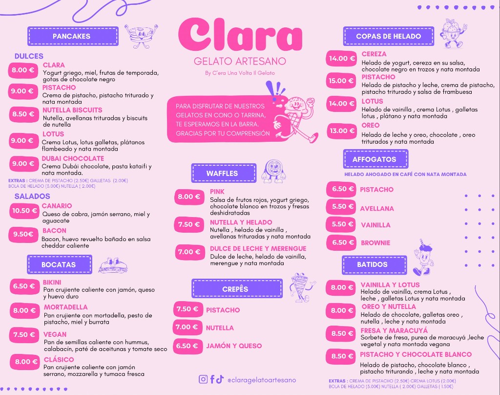 Carta de comida de Clara Gelato Artesano
